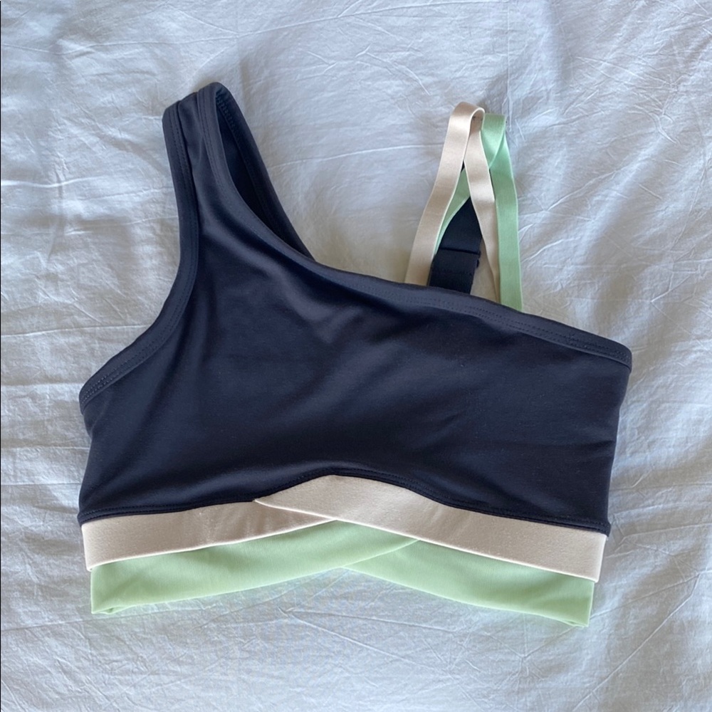 Fabletics Black and Mint Asymmetrical Sports Bra
